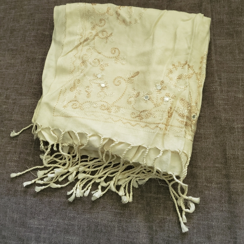 Cream embroidered scarf with mirror accents